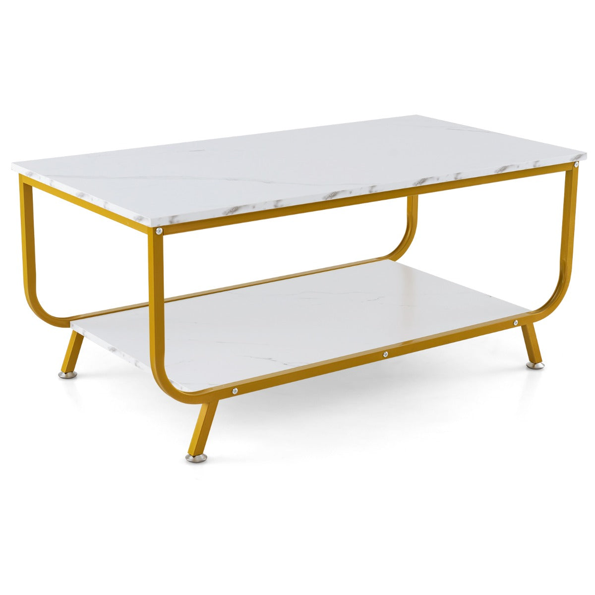 LIVSK Rechthoekige Salontafel met Twee Niveaus - Kunstmarmer en Metaal - Stabiel en Functioneel - 105 x 55 x 46,5 cm - Wit/Goud