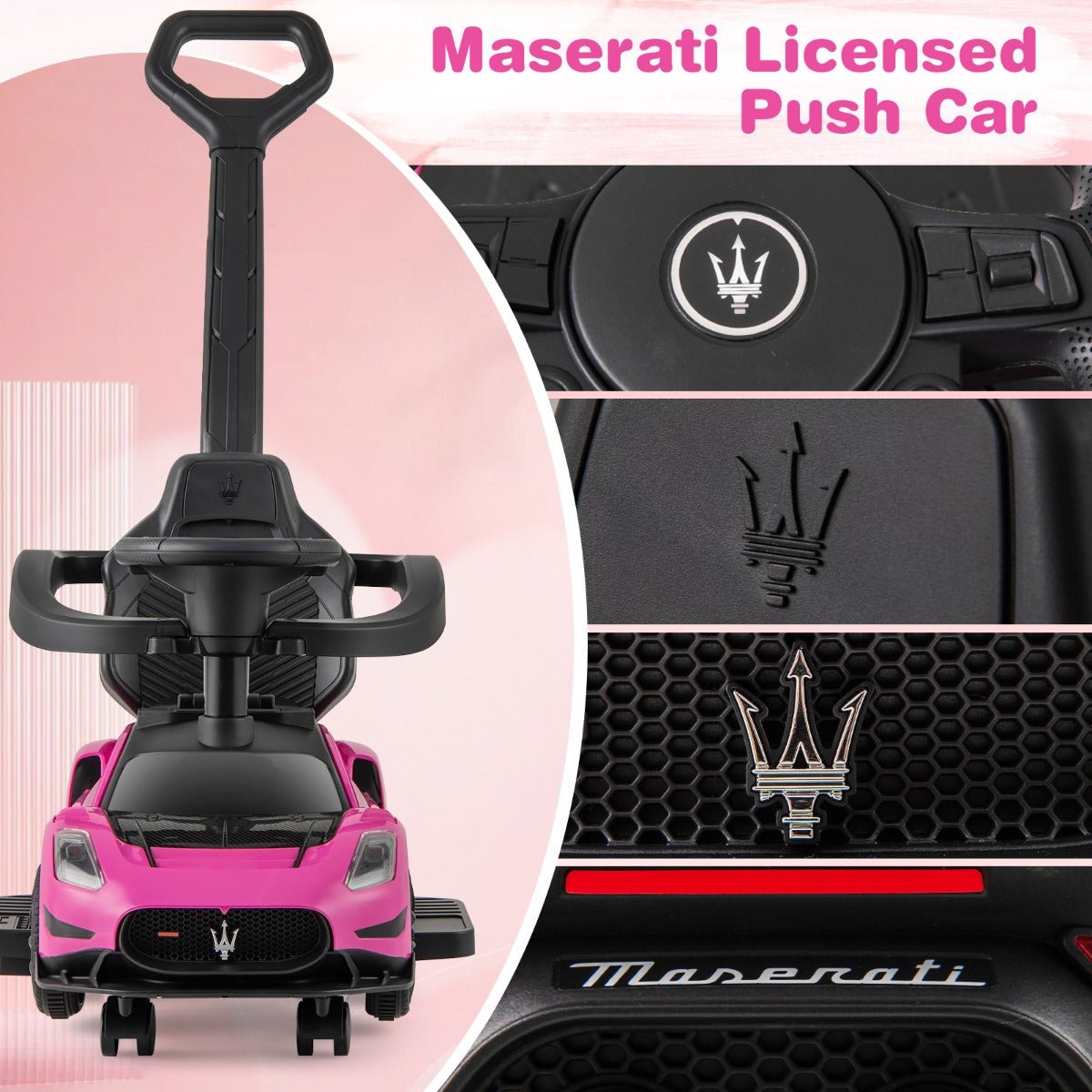 LIVSK Maserati Gelicentieerde 3-in-1 Duwauto - Muzikaal Stuur - Veiligheidsbarrière - Opbergruimte - Voor 18-60 maanden - Roze