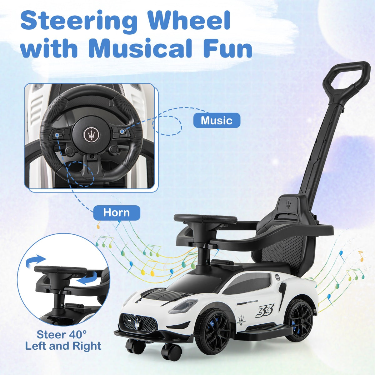 LIVSK Maserati Duwauto 3-in-1 - Muzikaal Stuur - Beschermende Barrière - Opbergruimte - Voor 18-60 maanden - Roze/Wit