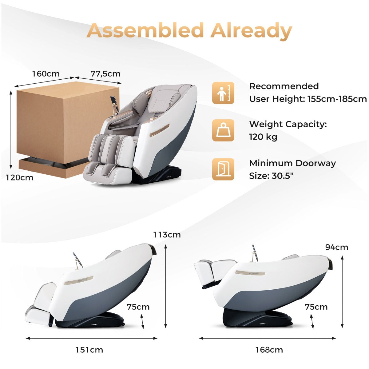 LIVSK Massagestoel - Zero Gravity - SL Track - Shiatsu - Verwarming - 12 Programma's - Wit + Grijs