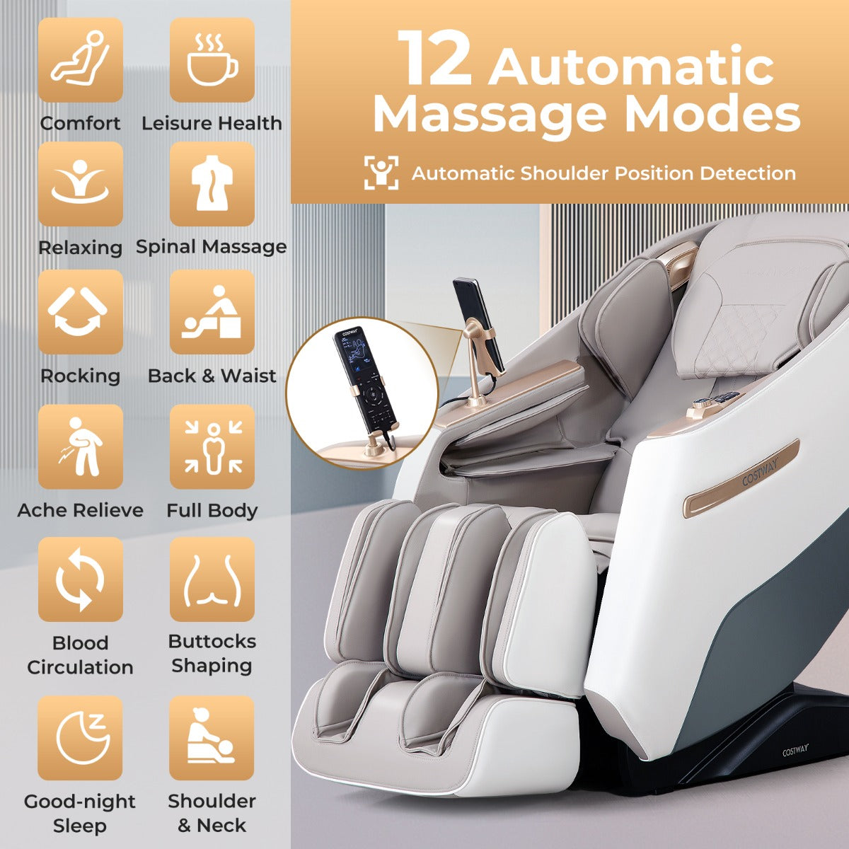 LIVSK Massagestoel - Zero Gravity - SL Track - Shiatsu - Verwarming - 12 Programma's - Wit + Grijs