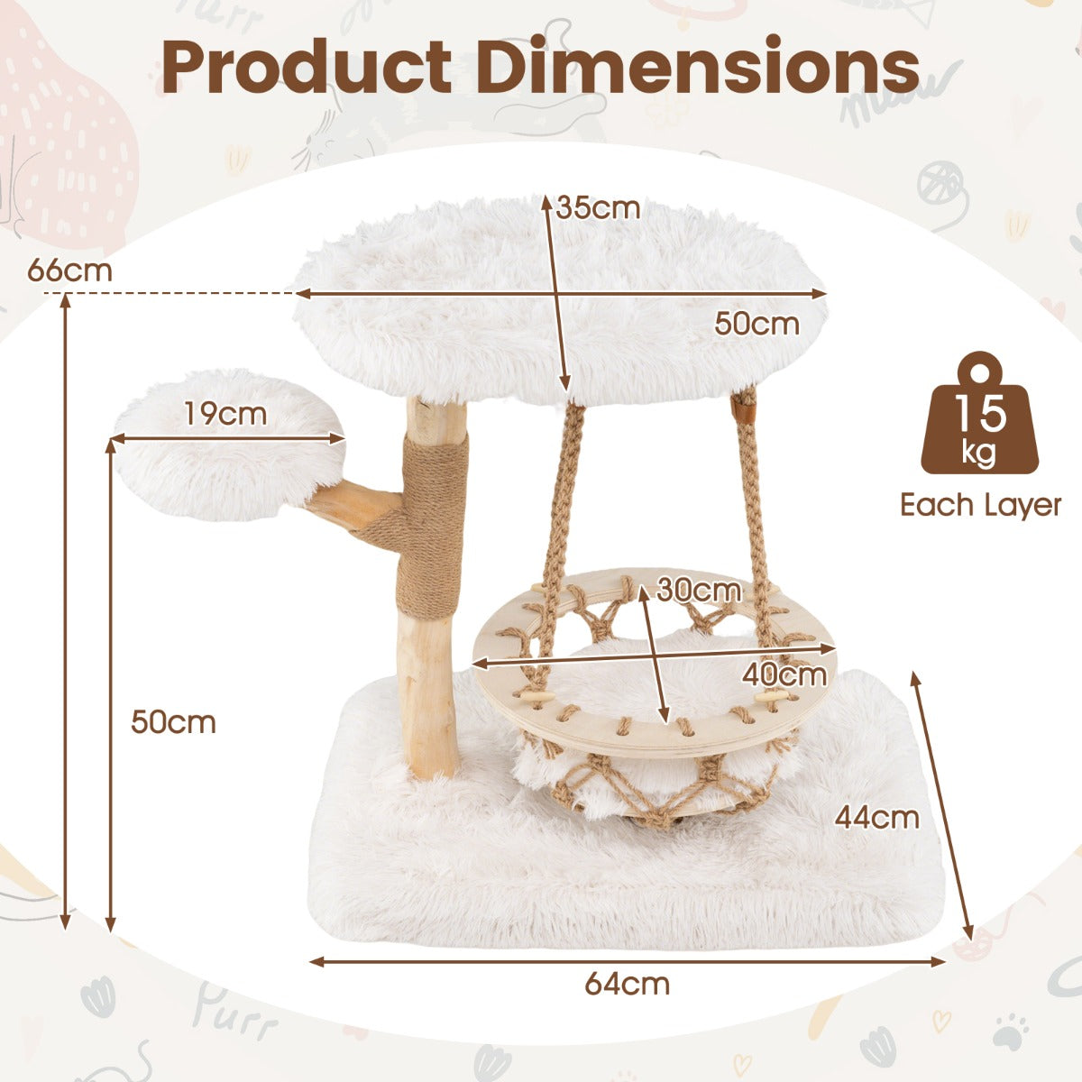 LIVSK Luxe Krabpaal met Hangwieg - 4 Niveaus - Massief Hout - Sisal Krabpaal - Ultrapluchen Kussens - Voor Katten tot 15 kg - Wit