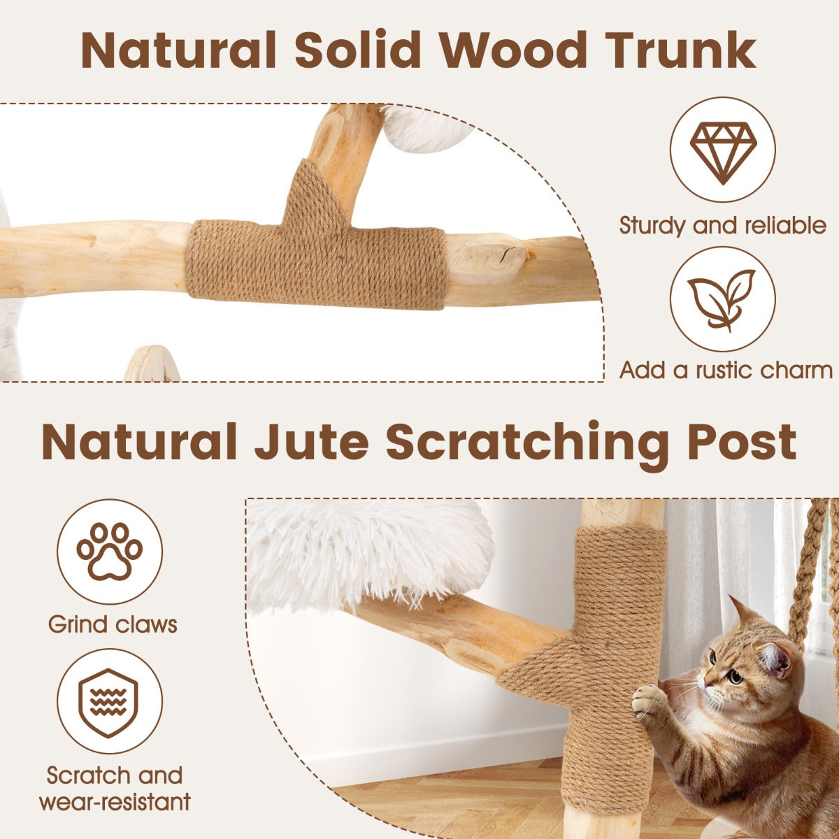 LIVSK Luxe Krabpaal met Hangwieg - 4 Niveaus - Massief Hout - Sisal Krabpaal - Ultrapluchen Kussens - Voor Katten tot 15 kg - Wit