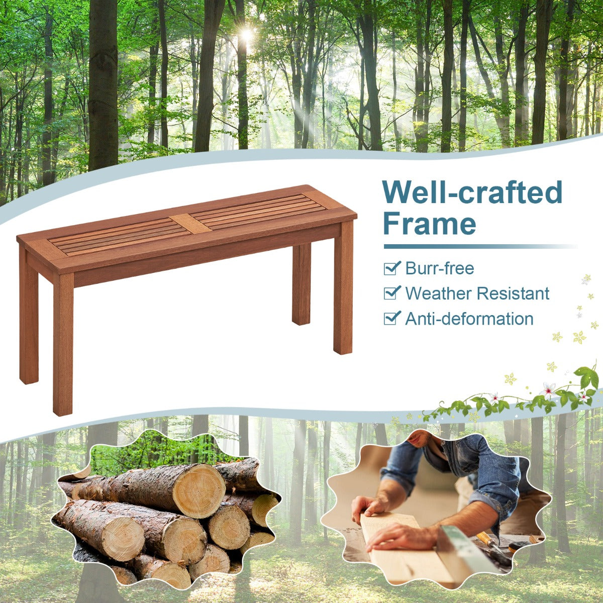 LIVSK Houten Tuinbank - Massief Hout voor 2 Personen - Duurzaam en Elegant - Geschikt voor Binnen en Buiten - 100 x 30,5 x 47 cm