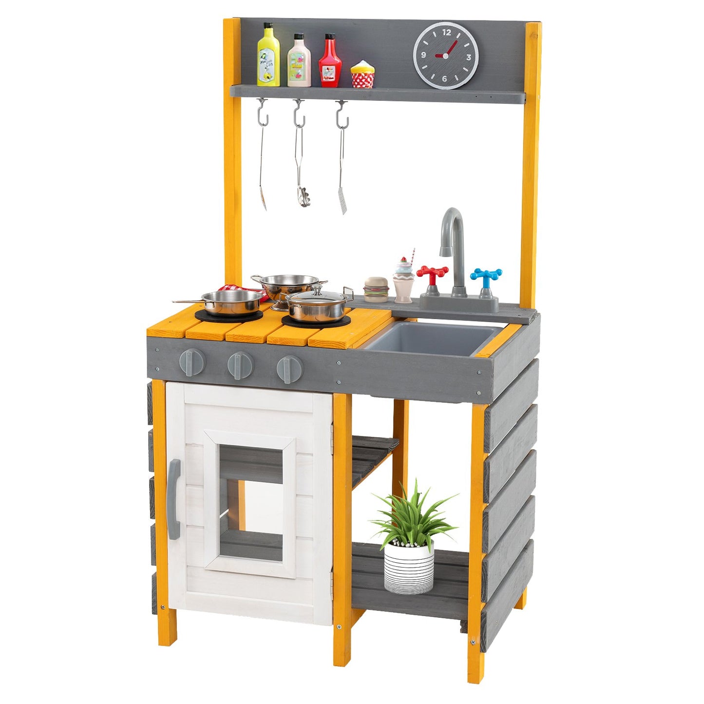 LIVSK Modderkeuken voor Kinderen - Robuust Sparrenhout - Inclusief Kookaccessoires - Met Afneembare Gootsteen - Grijs + Geel
