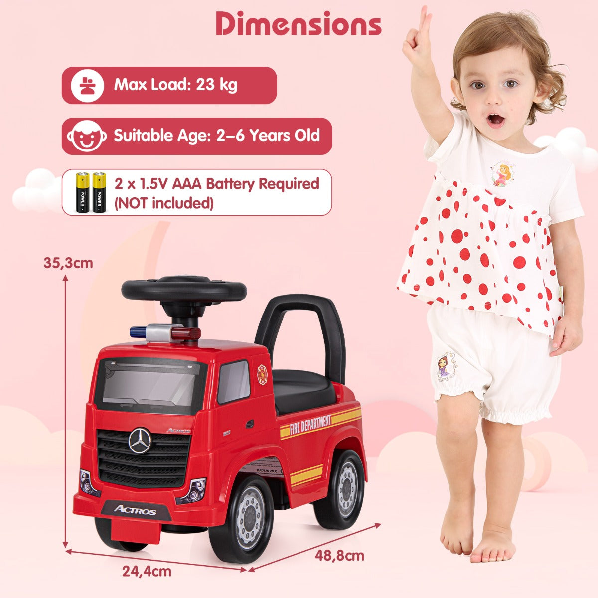 LIVSK Mercedes-Benz Brandweerwagen Loopauto - Muzikaal Stuur - Opbergruimte - Anti-kantelmechanisme - Geschikt voor 2-6 jaar -