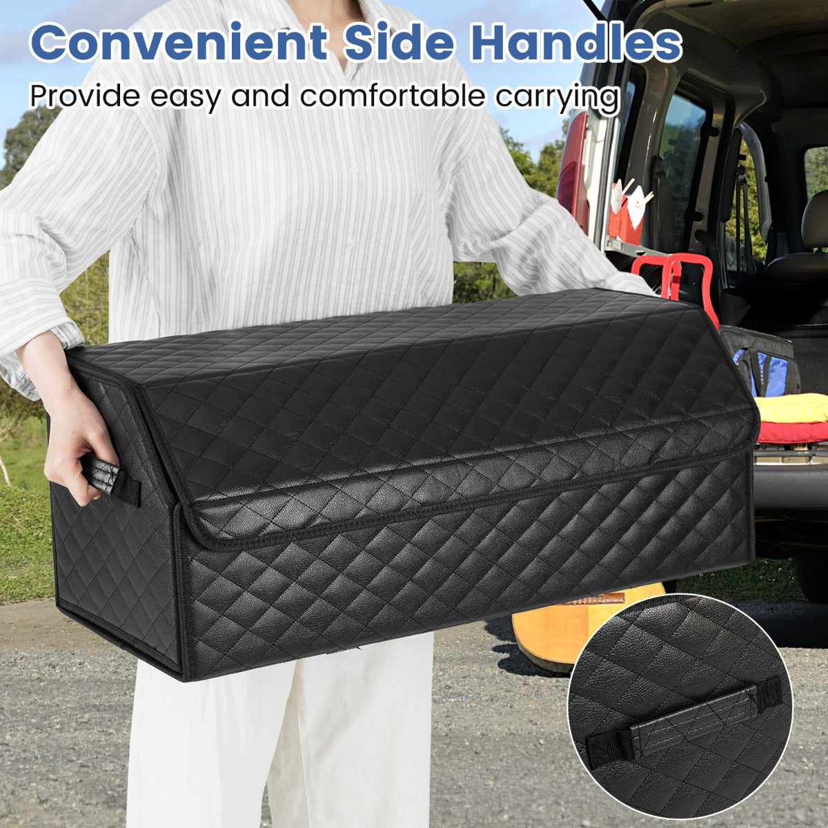 Livsk costway met leer beklede opbergbak voor laarzen met deksel opvouwbare opbergdoos geschikt voor suvs kamperen 30 x 69 x 275 cm 6