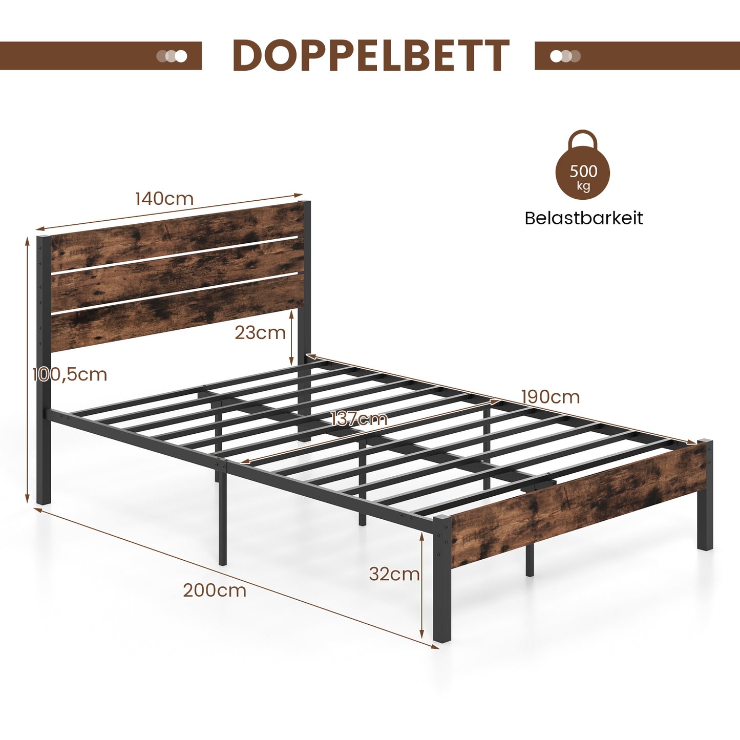 LIVSK Platformbed met Lattenbodem en Opbergruimte - Industrieel Design - Tot 500 kg - 32 cm Bodemvrijheid - Rustiek bruin & zwart