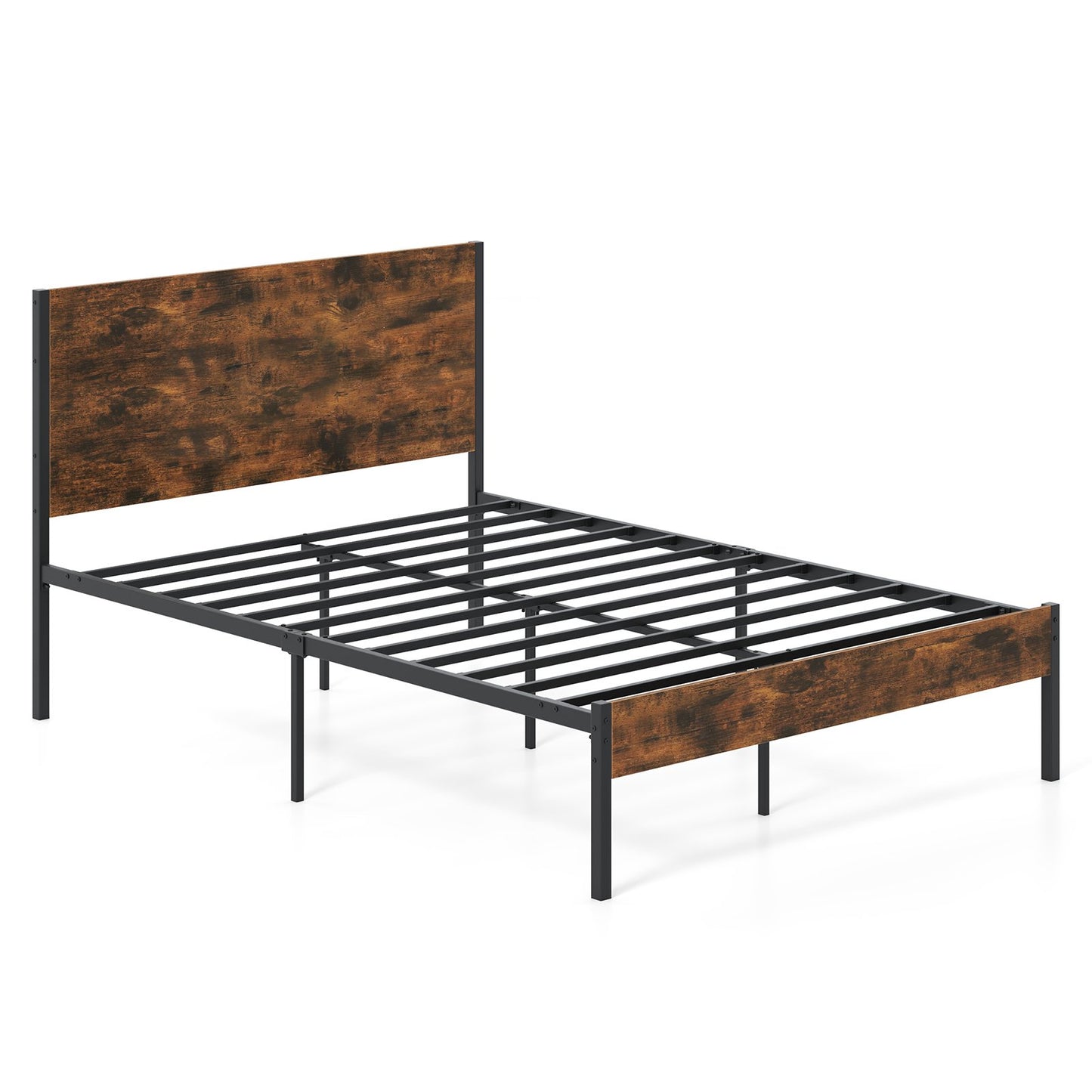 LIVSK Heavy-duty Platformbed - Houten Hoofd- en Voetbord - Metalen Latten - Opbergruimte - 196 x 138 x 100,5 cm - Rustiek bruin &