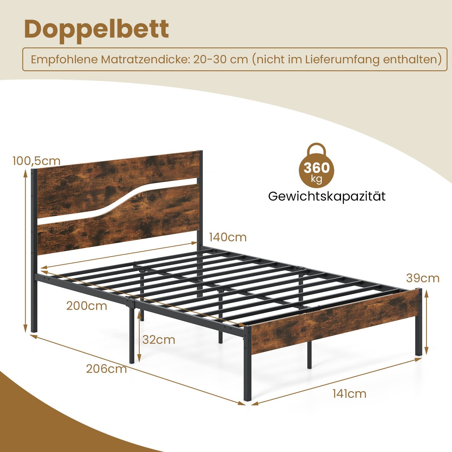 LIVSK Heavy-duty Platformbed - Houten Hoofd- en Voetbord - Metalen Latten - Opbergruimte - 196 x 138 x 100,5 cm - Rustiek bruin &