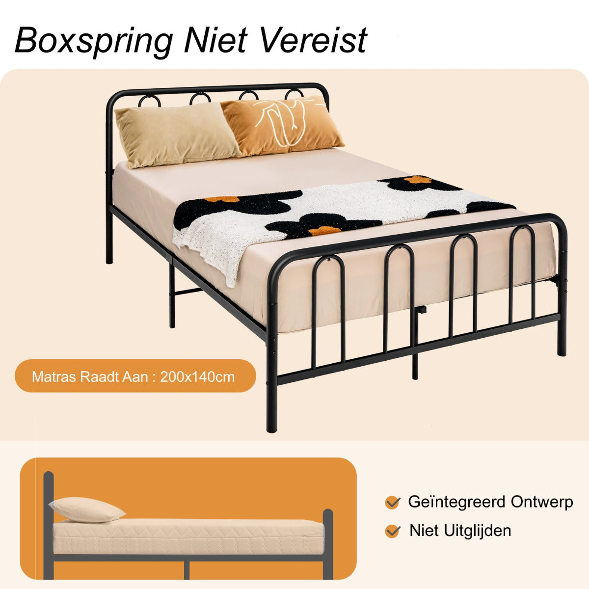 Livsk costway metalen bedframe met hoofdeinde en voeteneind modern platformbed 209 x 144 x 101 cm zwart 3