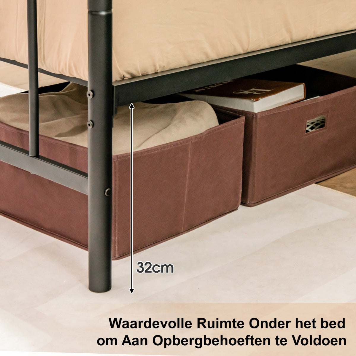 LIVSK Metalen Bedframe met Opbergruimte - Robuust Stalen Frame - Tot 300 kg - Eenvoudige Montage - Minimalistisch Design - Zwart