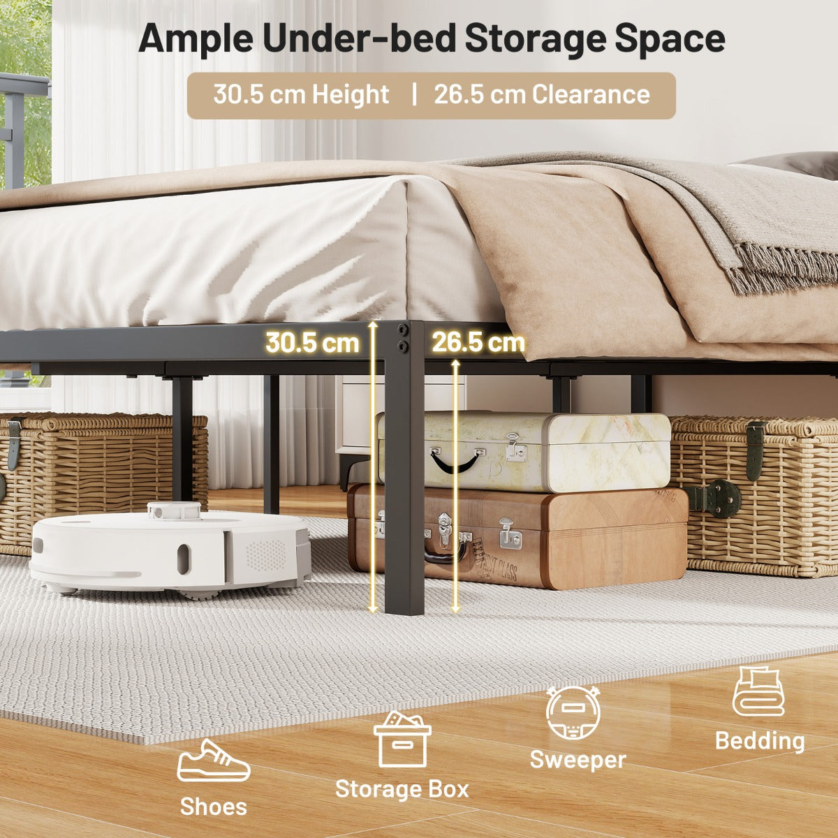 Livsk costway metalen bedframe zware lattenbodem voor matras opbergruimte onder het bed eenvoudige montage zwart 3