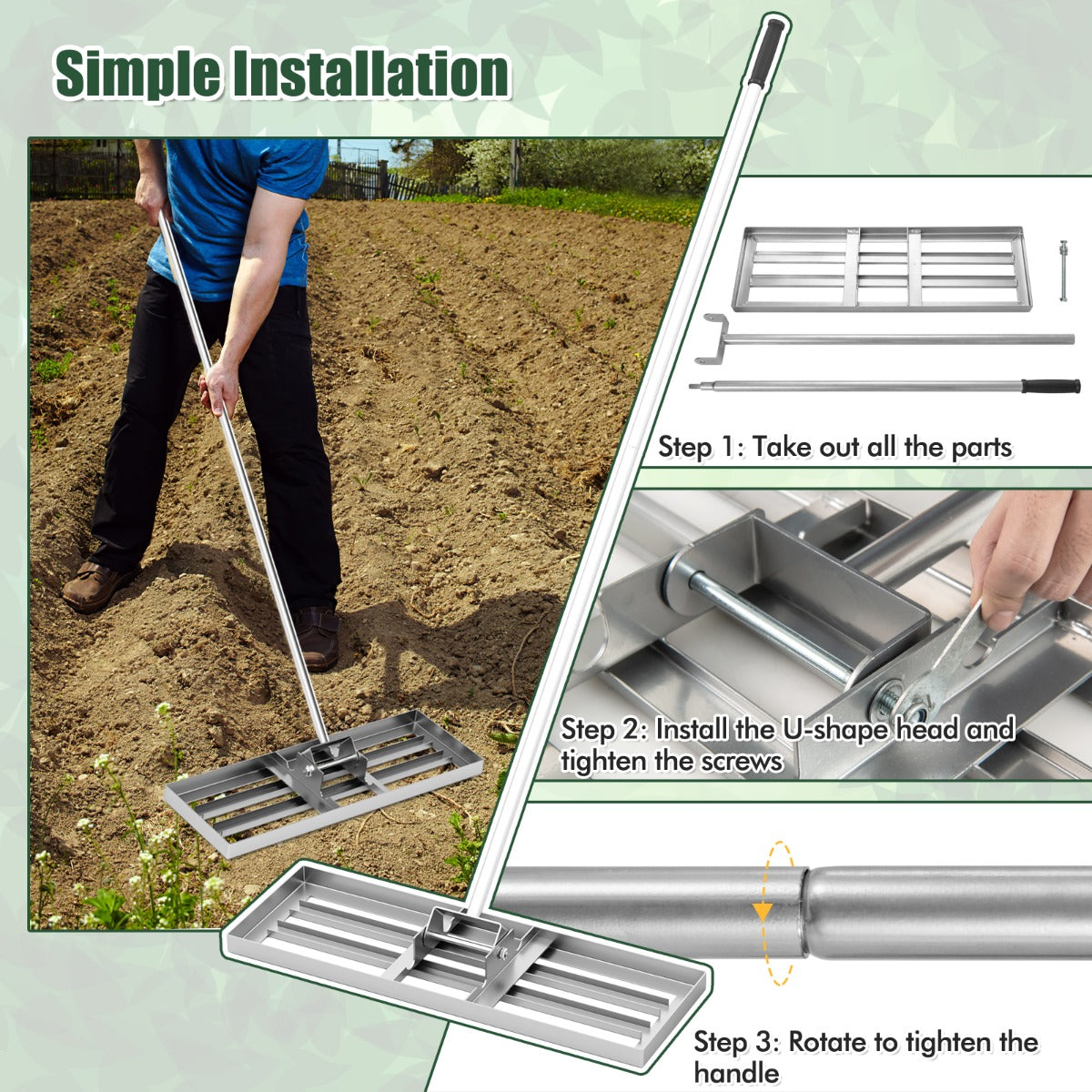 LIVSK Ergonomische Gazonhark - Groot Blad 75 x 25 cm - 170 cm Lange Steel - Robuust Metaal - Voor Efficiënt Onderhoud - Zilver