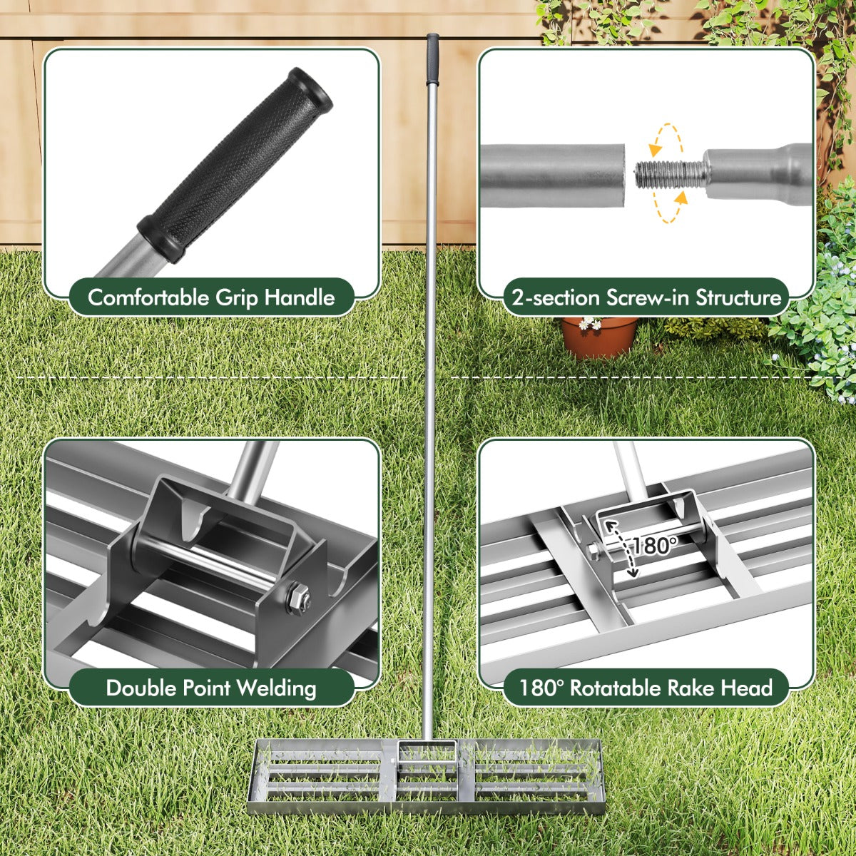 LIVSK Ergonomische Gazonhark - Groot Blad 75 x 25 cm - 170 cm Lange Steel - Robuust Metaal - Voor Efficiënt Onderhoud - Zilver