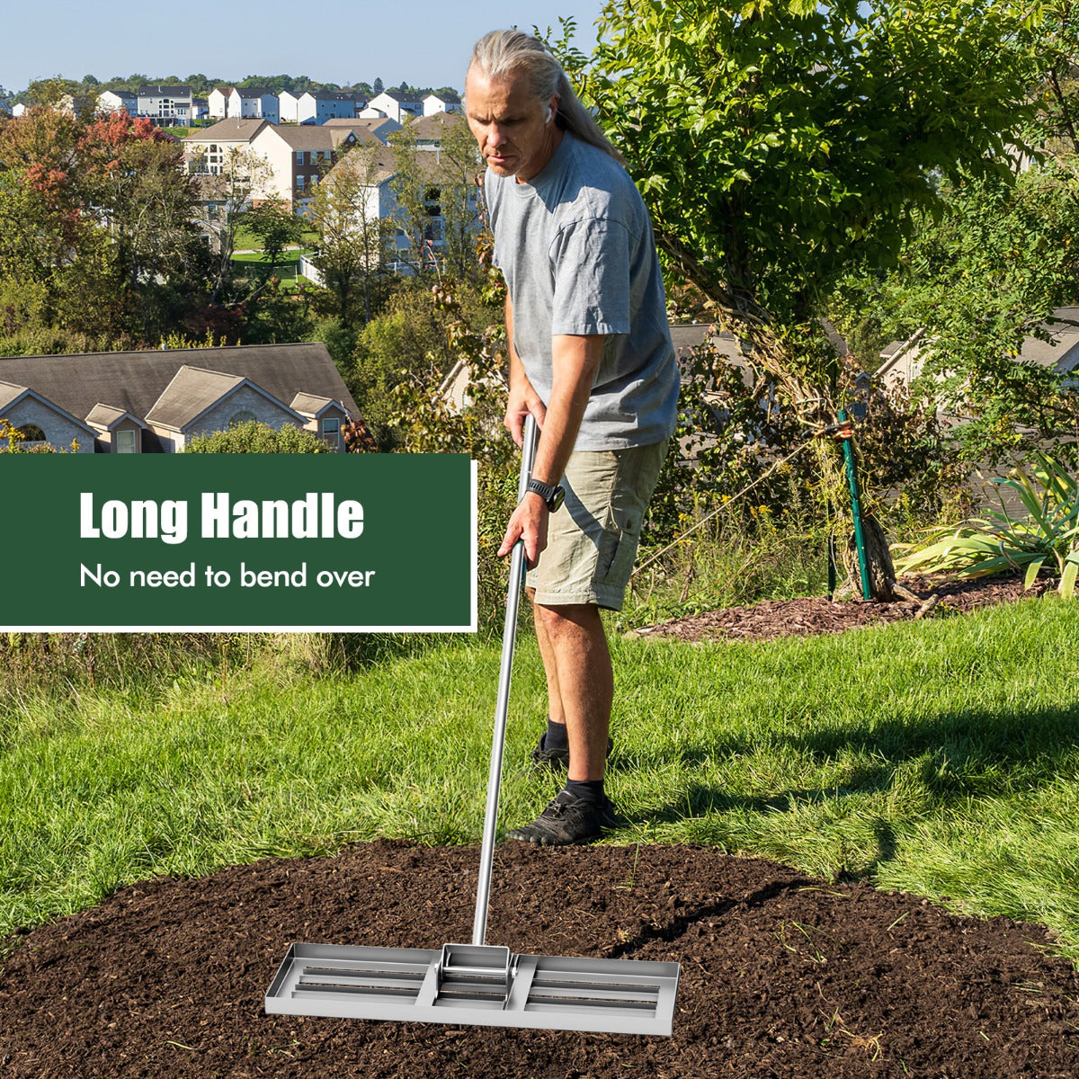 LIVSK Ergonomische Gazonhark - Groot Blad 75 x 25 cm - 170 cm Lange Steel - Robuust Metaal - Voor Efficiënt Onderhoud - Zilver