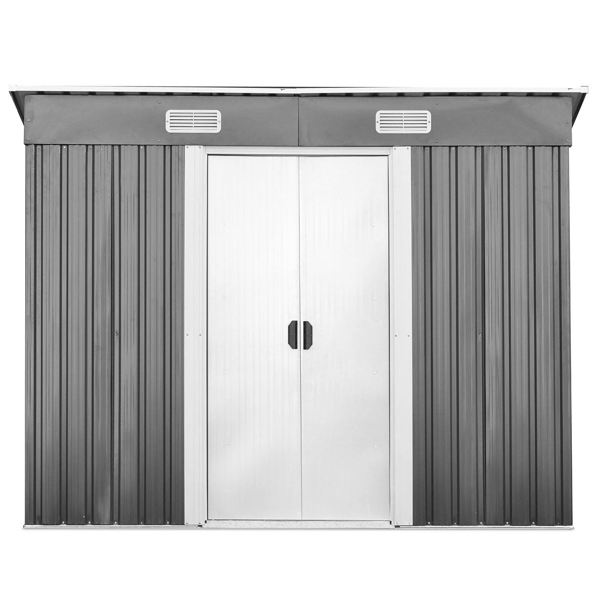 LIVSK Gereedschapsschuur - Met Lessenaarsdak - Ruim 238 x 131 x 181 cm - Waterbestendig - 2 Schuifdeuren - Grijs en wit