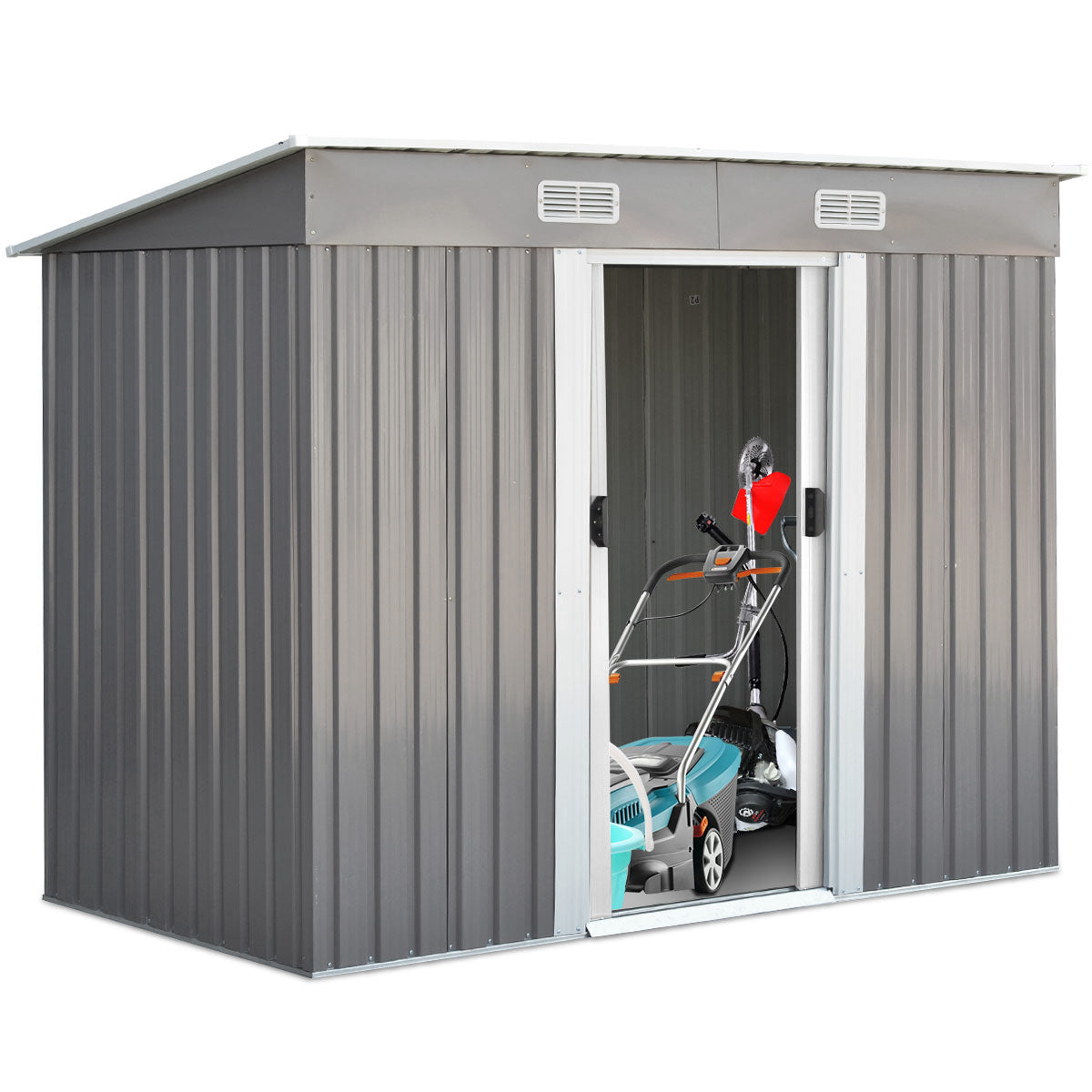 LIVSK Gereedschapsschuur - Met Lessenaarsdak - Ruim 238 x 131 x 181 cm - Waterbestendig - 2 Schuifdeuren - Grijs en wit