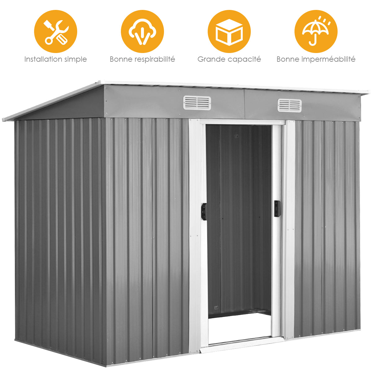 LIVSK Gereedschapsschuur - Met Lessenaarsdak - Ruim 238 x 131 x 181 cm - Waterbestendig - 2 Schuifdeuren - Grijs en wit