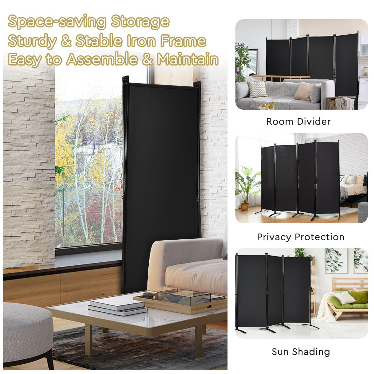 LIVSK 4-panelen Kamerscherm - Opvouwbaar met Stalen Frame - Verstelbare Voeten - 220 x 51 x 173 cm - Zwart