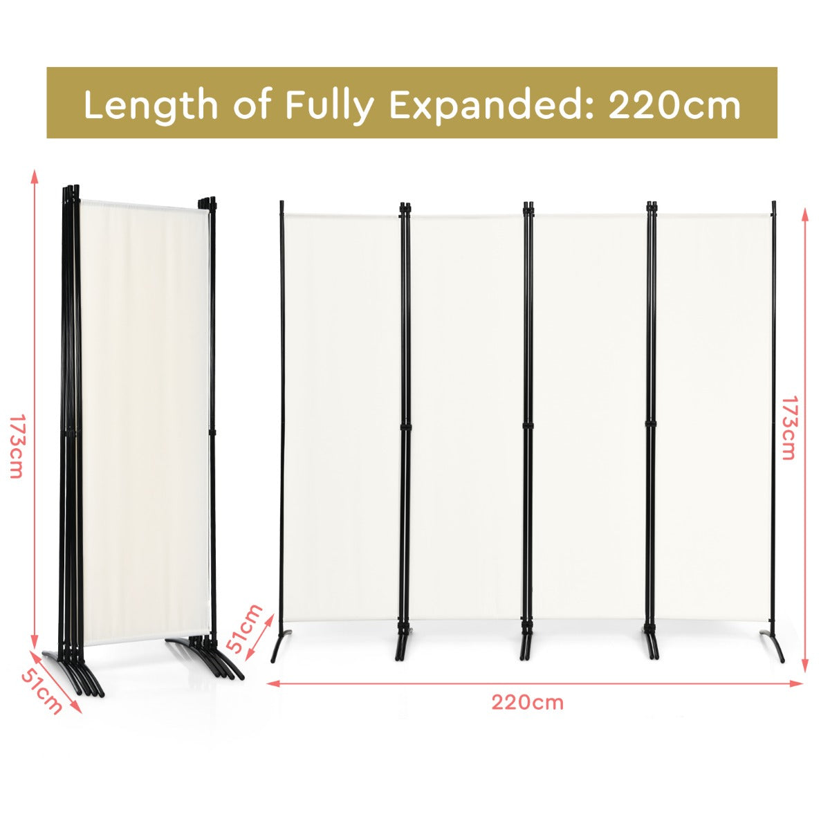LIVSK 4-panelen Kamerscherm - Stabiel en Opvouwbaar - Hoogwaardige Polyester - Verstelbare Pootjes - 220 x 51 x 173 cm - Beige