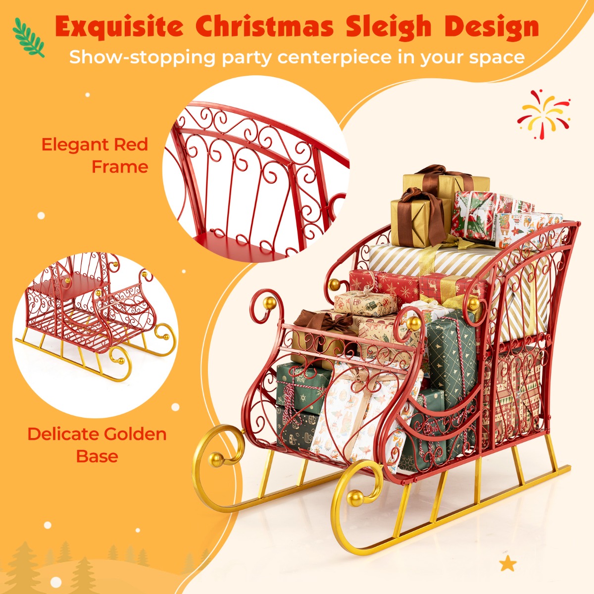 Livsk costway metalen kerstman slee mand met twee lagen voor het opbergen van cadeaus feestelijke decoratieve slee kar 3 1