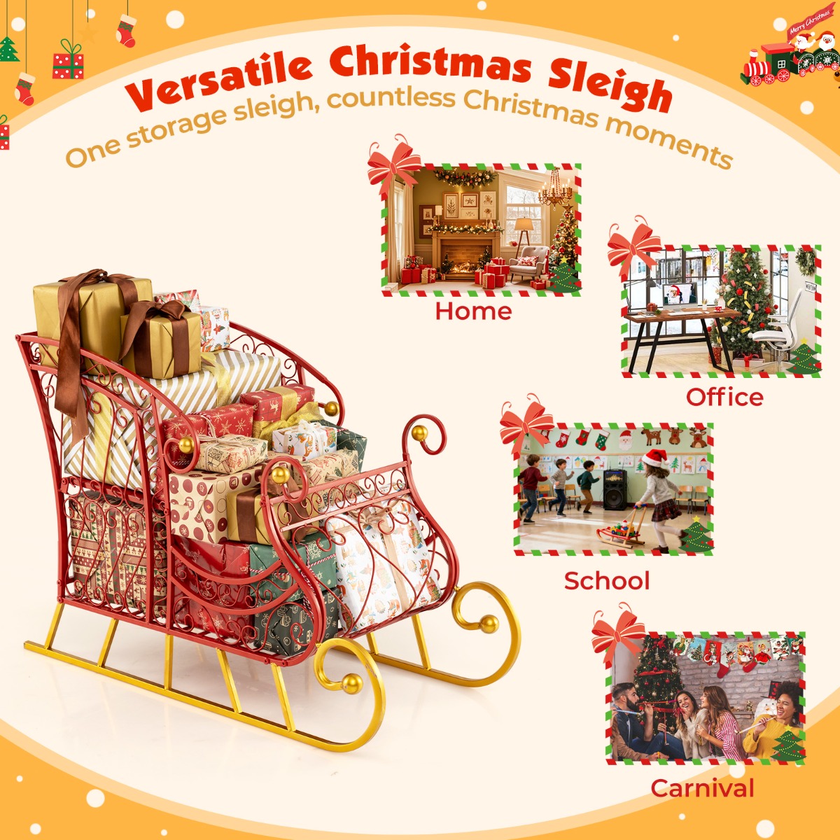 Livsk costway metalen kerstman slee mand met twee lagen voor het opbergen van cadeaus feestelijke decoratieve slee kar 4 1