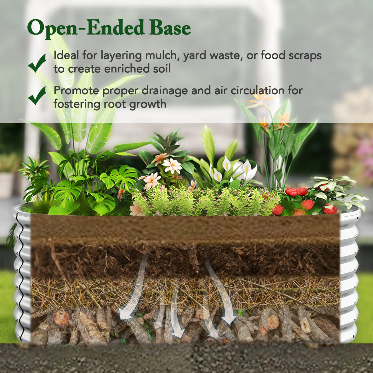 LIVSK Verhoogd Bed voor Tuin - Roestvrij Metaal met Afgeronde Randen - Open Bodemontwerp - 165 x 80 x 60 cm - Zilver