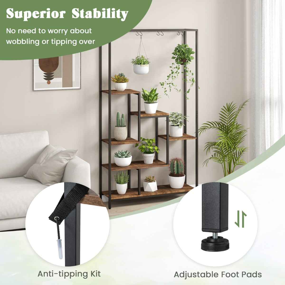LIVSK Multifunctionele Plantenstandaard 6-niveaus - Met S-haken en kantelbeveiliging - Duurzaam en stabiel - 100 x 30 x 180 cm -
