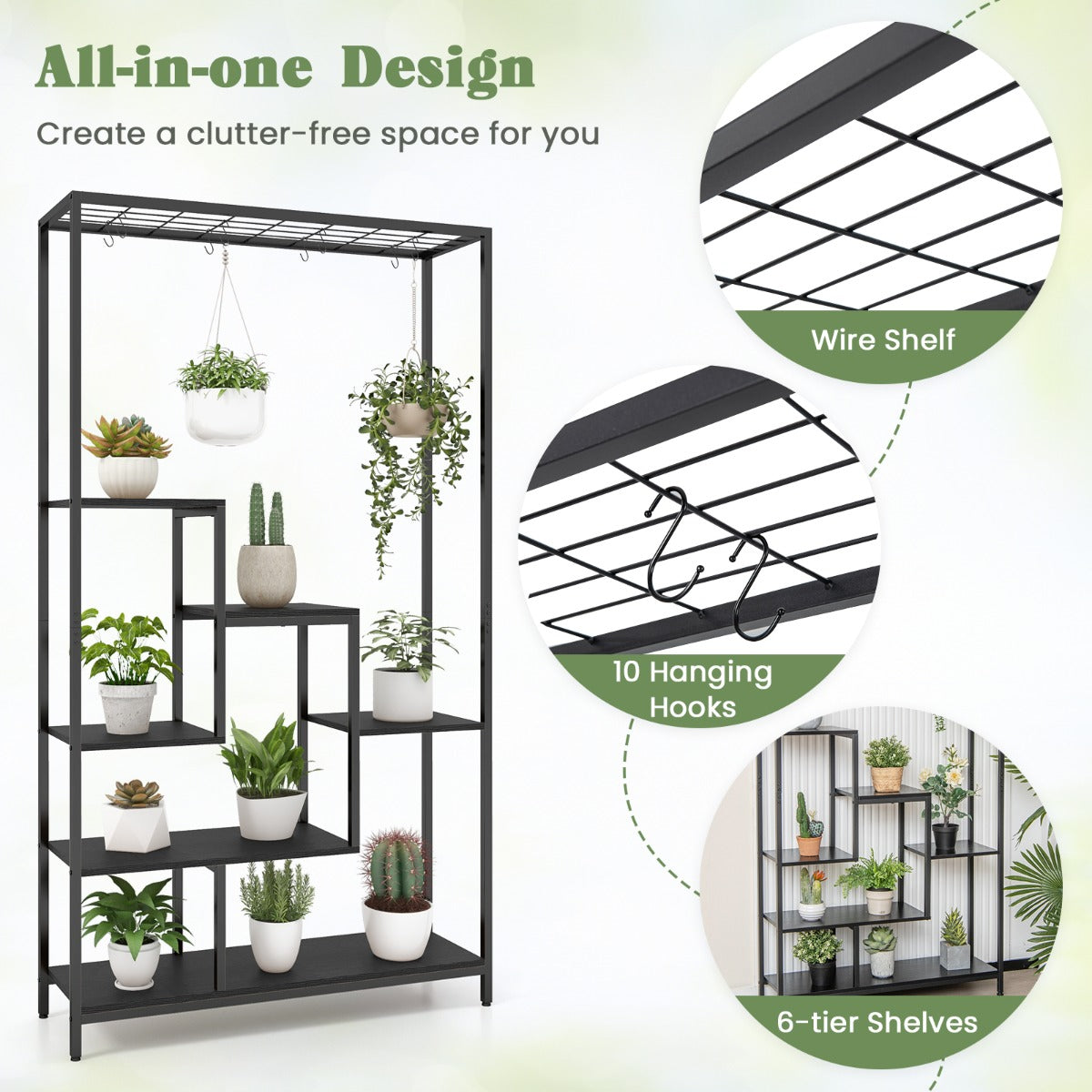 LIVSK Multifunctionele Plantenstandaard 6 Niveaus - 10 S-Haken - Duurzaam Metalen Frame - Ruimtebesparend - Zwart