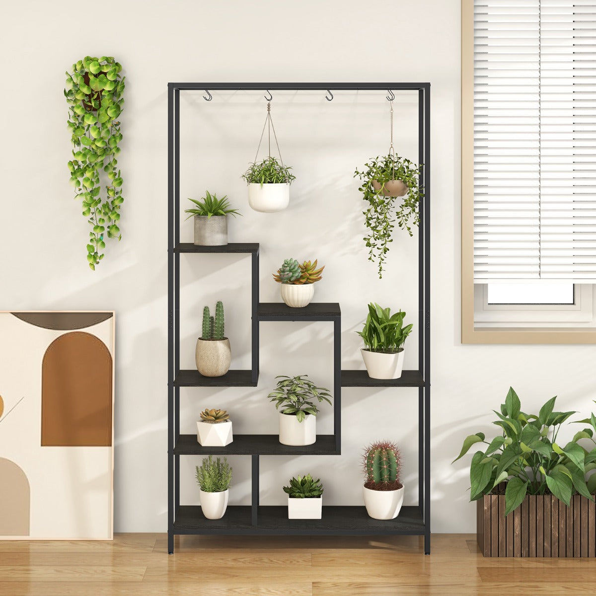 LIVSK Multifunctionele Plantenstandaard 6 Niveaus - 10 S-Haken - Duurzaam Metalen Frame - Ruimtebesparend - Zwart
