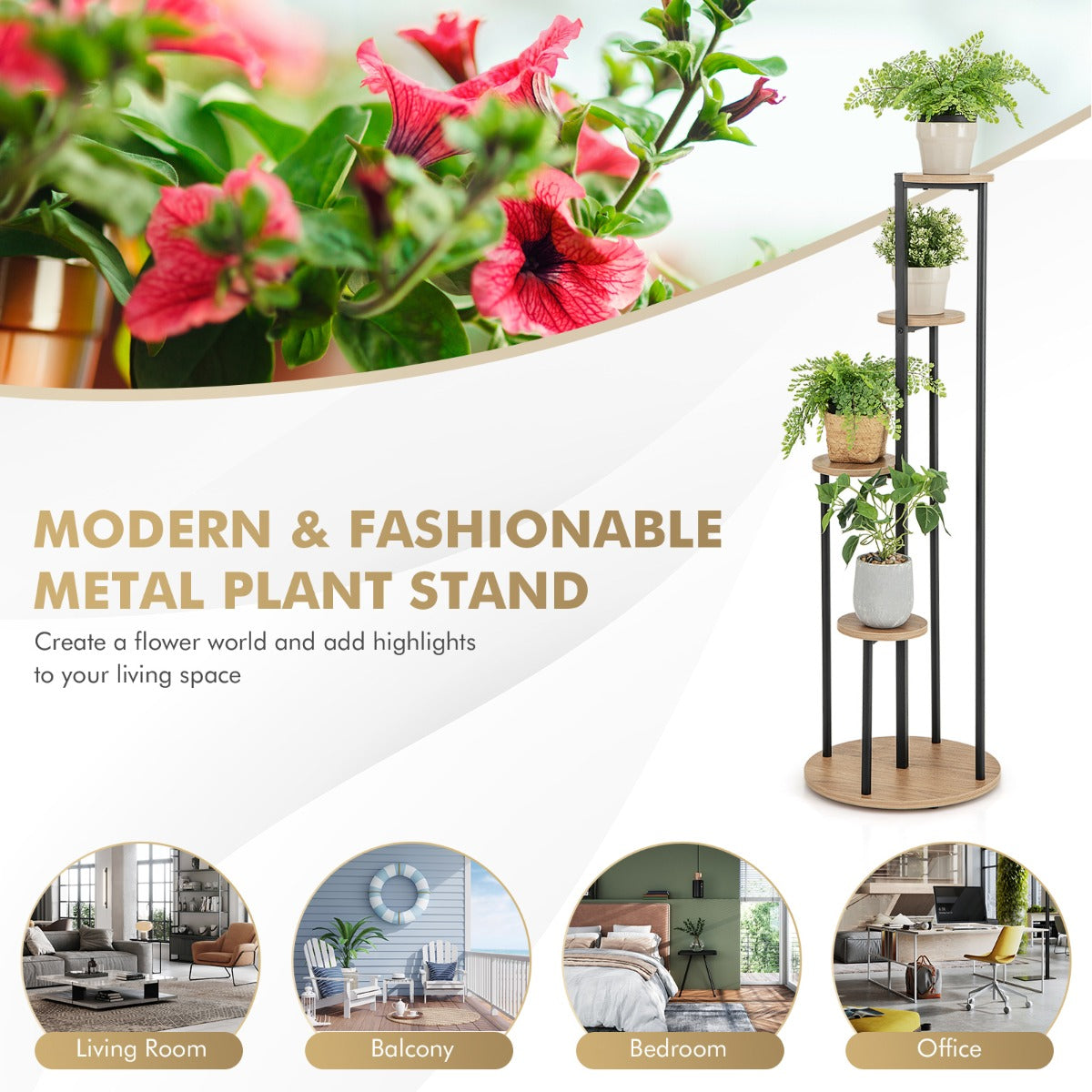 LIVSK Hoekplantenstandaard - Robuuste Constructie - 5 Niveaus - Elegante Witte Planken met Gouden Buizen - 40 x 40 x 125 cm -