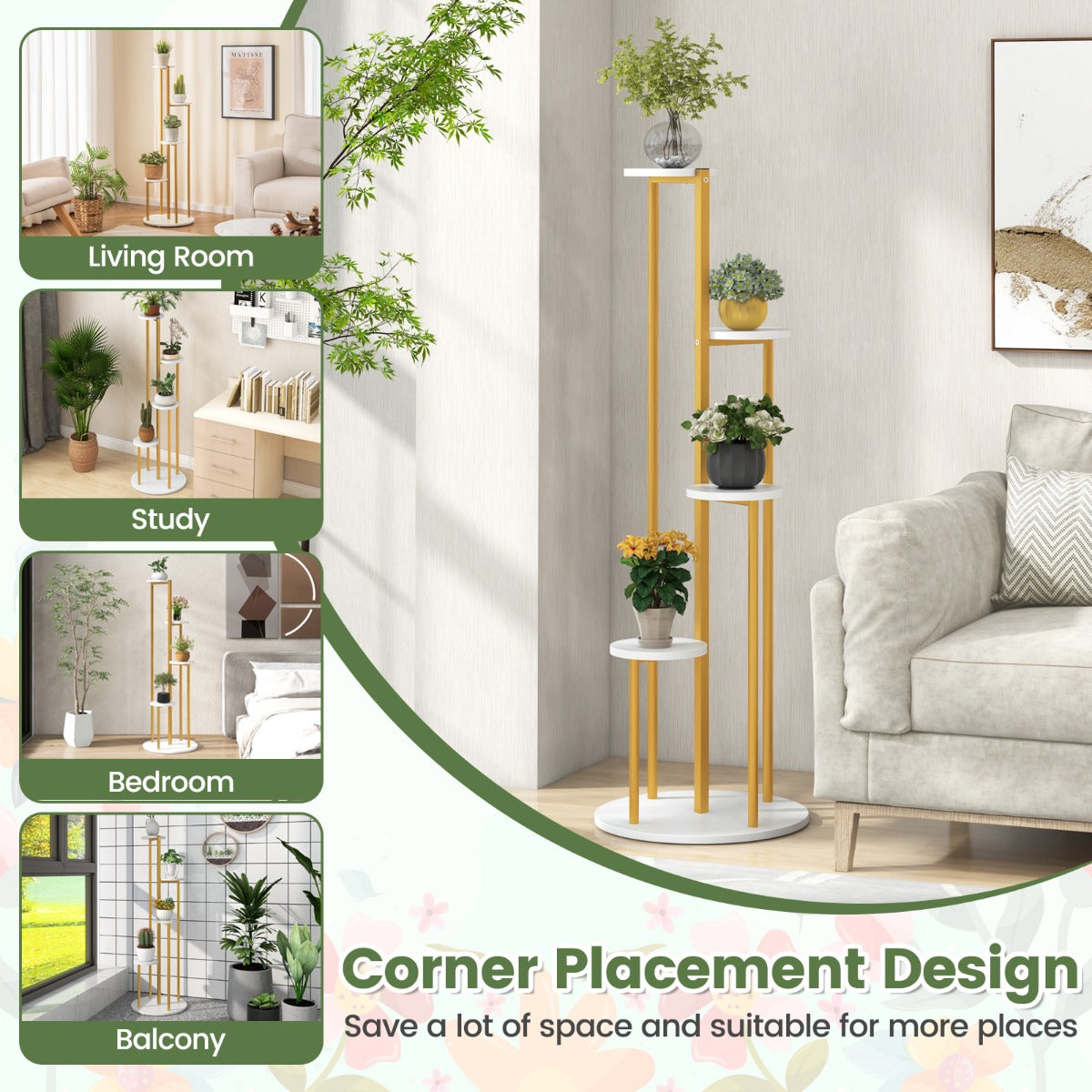 LIVSK Hoekplantstandaard - 5 Niveaus - Robuust Metaal en MDF - Multifunctioneel - Elegante Witte Planken - Goud & Wit