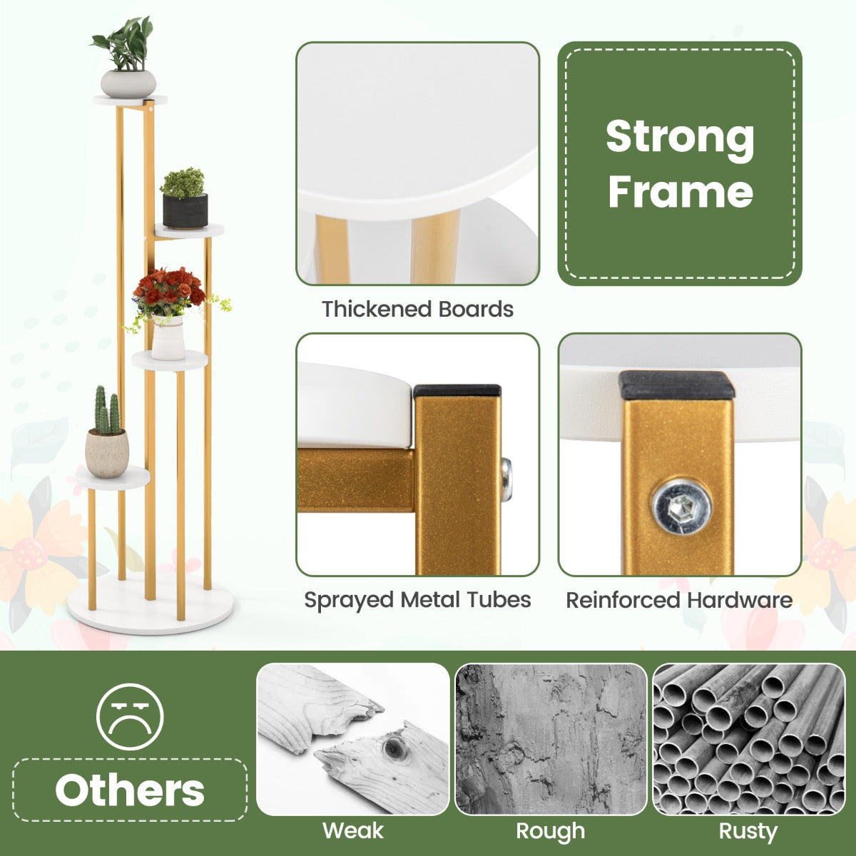 LIVSK Hoekplantstandaard - 5 Niveaus - Robuust Metaal en MDF - Multifunctioneel - Elegante Witte Planken - Goud & Wit
