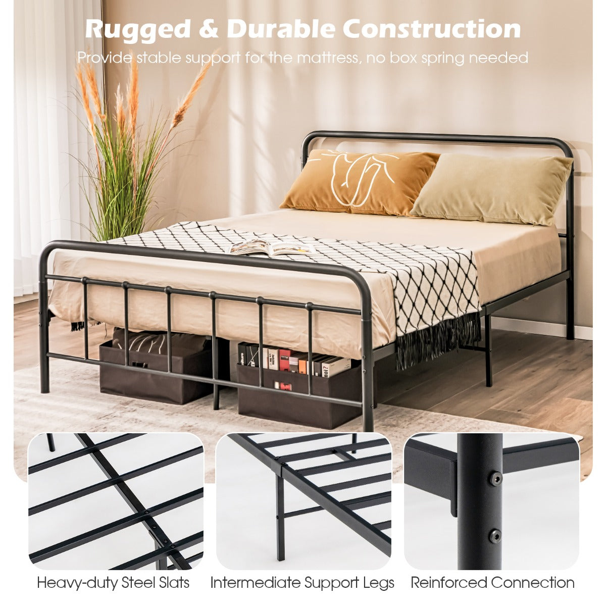 Livsk costway metalen platform bed modern bedframe met hoofdbord voetbord zware stalen latten ondersteunen matrasstichting zwart 208x164x102cm 5