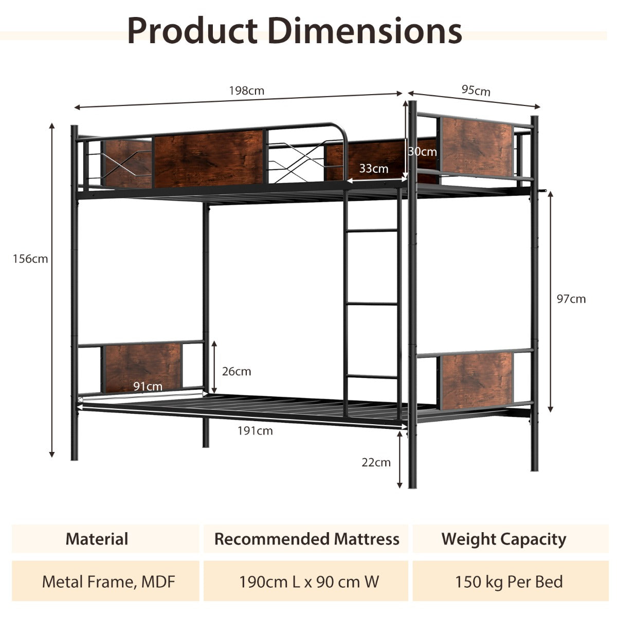 LIVSK Metalen Stapelbedframe - 2-in-1 Ontwerp - Veiligheidshekken - Ruimtebesparend - Onderste Opbergruimte - Zwart + Rustiek