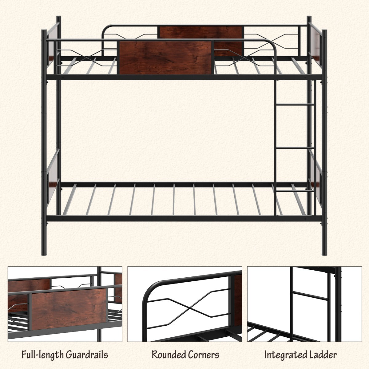 LIVSK Metalen Stapelbedframe - 2-in-1 Ontwerp - Veiligheidshekken - Ruimtebesparend - Onderste Opbergruimte - Zwart + Rustiek