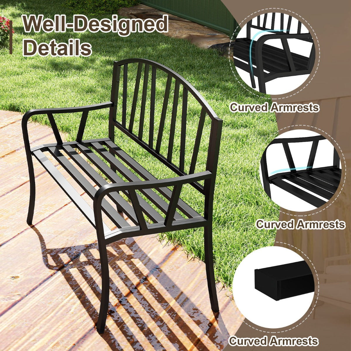 LIVSK Weerbestendige Metalen Tuinbank - Ergonomisch en Comfortabel voor 3 Personen - Antislip - Duurzaam - Zwart