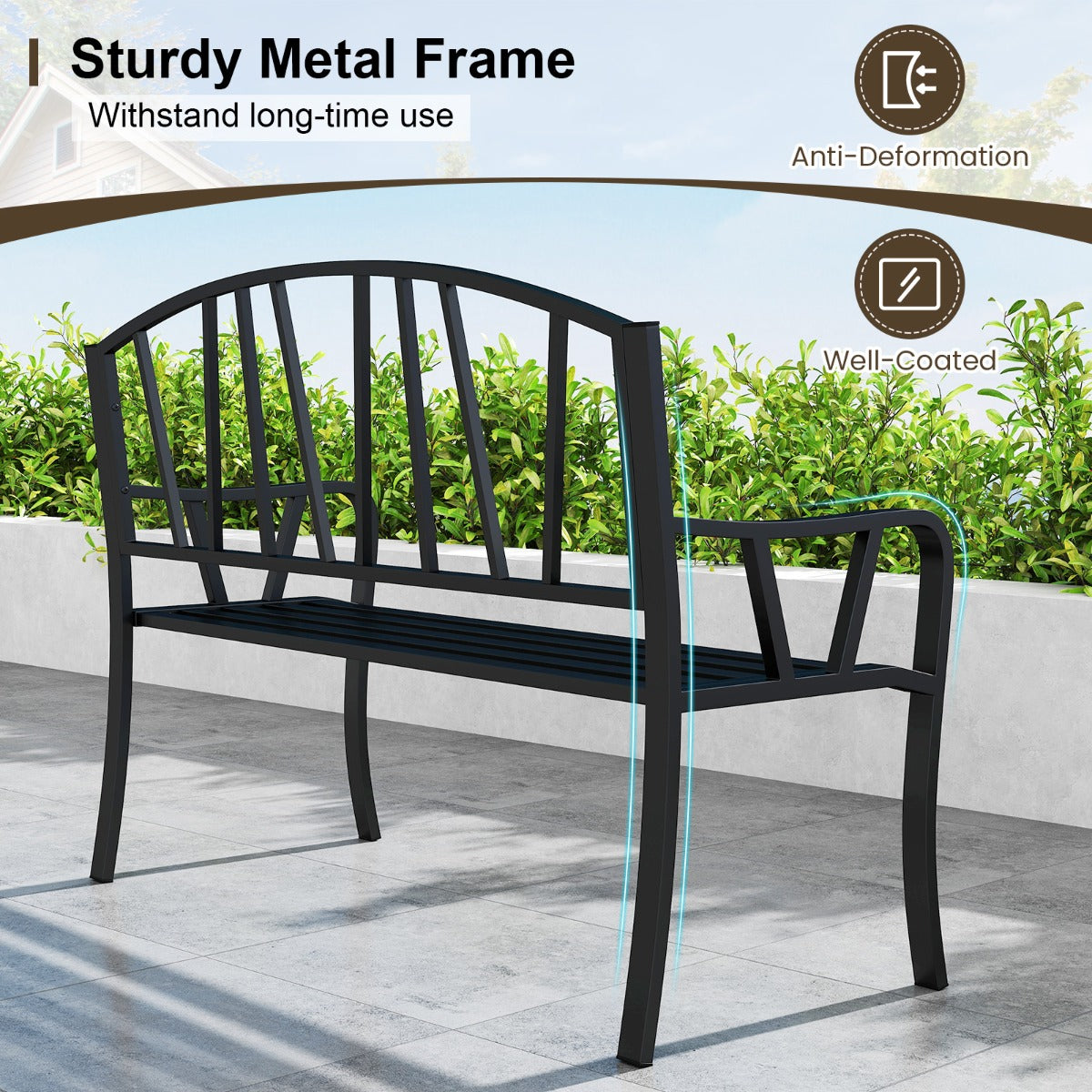 LIVSK Weerbestendige Metalen Tuinbank - Ergonomisch en Comfortabel voor 3 Personen - Antislip - Duurzaam - Zwart