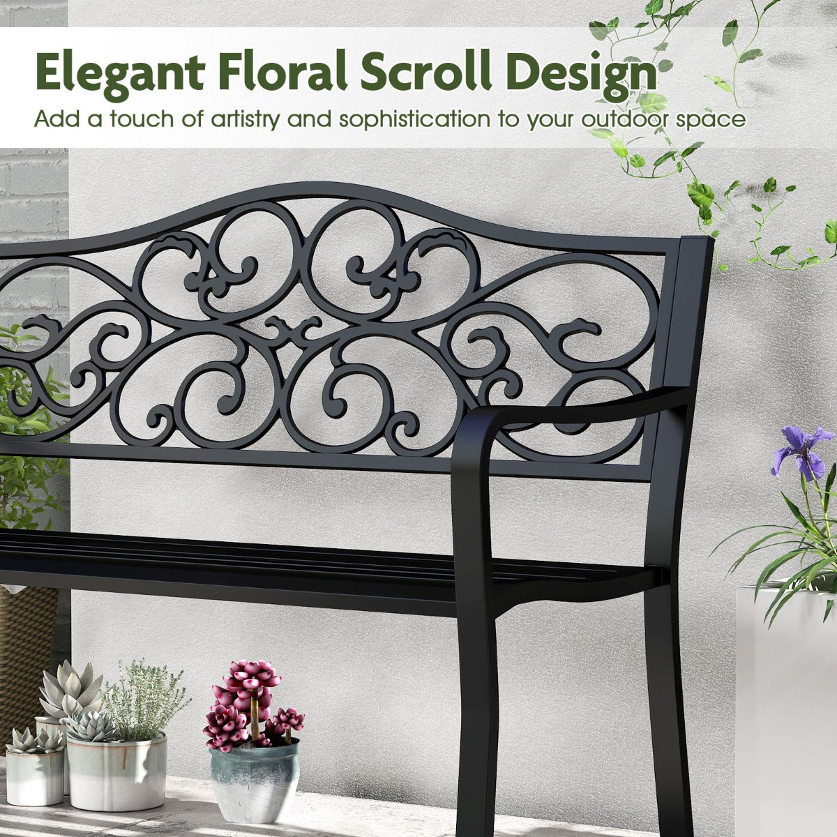 LIVSK Veranda Bank met Bloemmotief - Gietijzeren Frame - Ergonomisch Design - Tot 300 kg - Voor 2-3 Personen - Zwart
