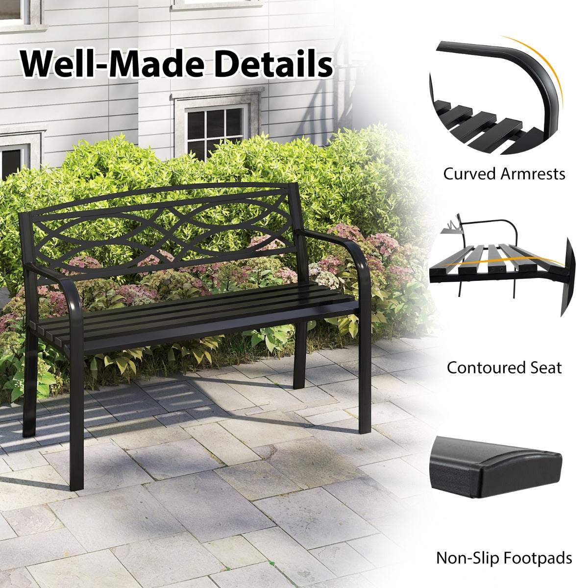 LIVSK Weerbestendige Metalen Tuinbank voor 2 Personen - Robuuste Constructie - Draagkracht tot 300 kg - 116 x 49 x 83 cm - Zwart