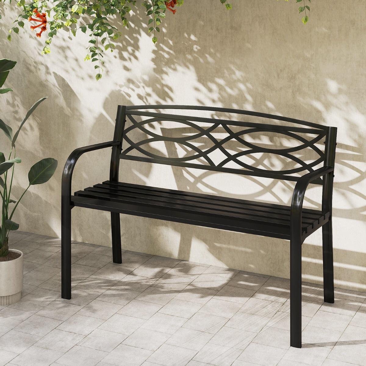 LIVSK Weerbestendige Metalen Tuinbank voor 2 Personen - Robuuste Constructie - Draagkracht tot 300 kg - 116 x 49 x 83 cm - Zwart
