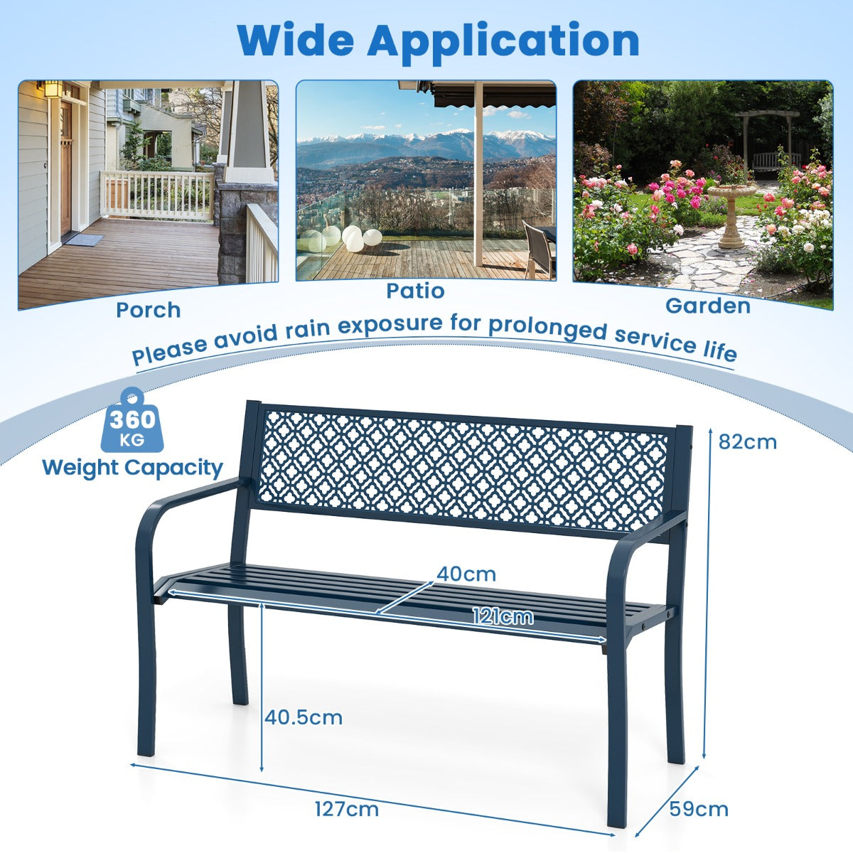 LIVSK Parkbank - Robuuste Metalen Constructie - Ergonomisch Comfort - Voor 2-3 Personen - Draagvermogen 360 kg - Blauw