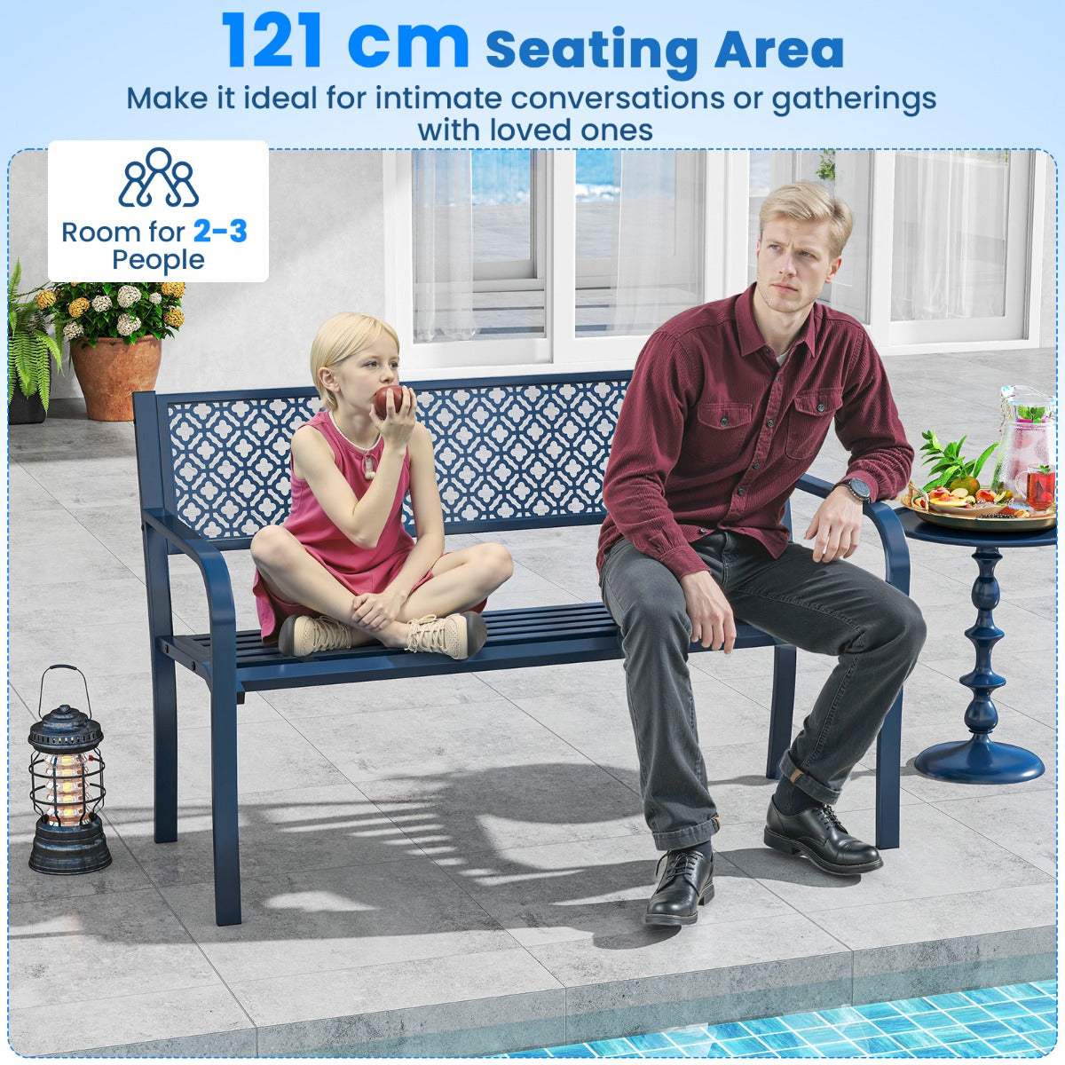 LIVSK Parkbank - Robuuste Metalen Constructie - Ergonomisch Comfort - Voor 2-3 Personen - Draagvermogen 360 kg - Blauw