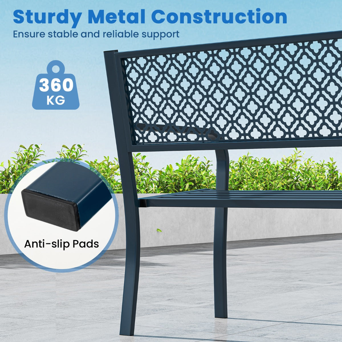 LIVSK Parkbank - Robuuste Metalen Constructie - Ergonomisch Comfort - Voor 2-3 Personen - Draagvermogen 360 kg - Blauw