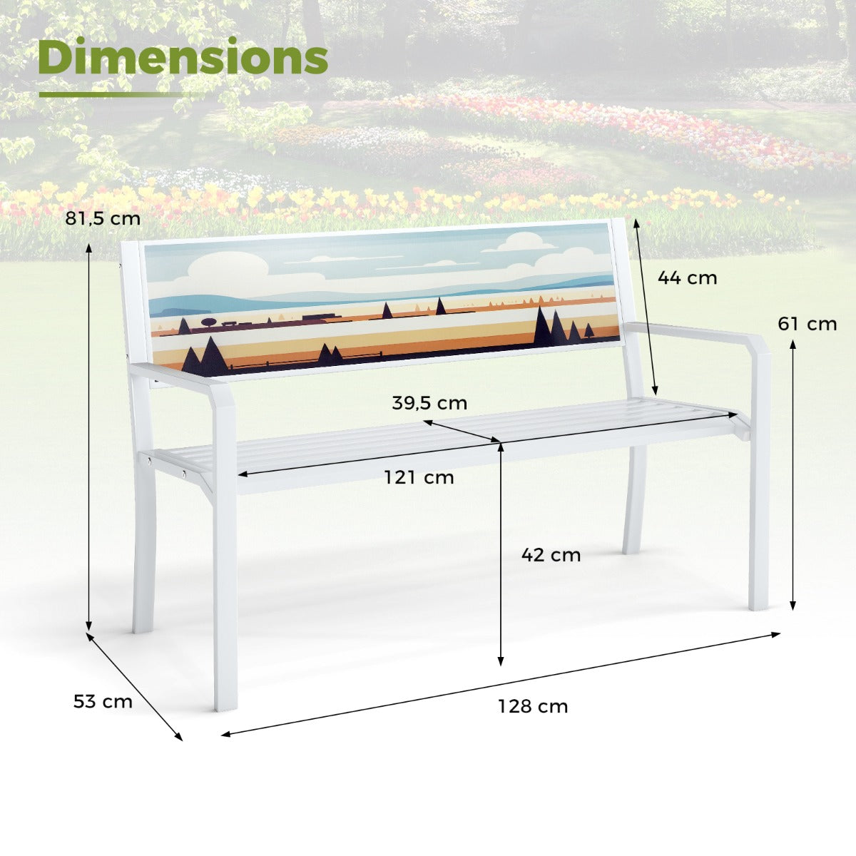 LIVSK Metalen Tuinbank - Weerbestendig en Robuust - Voor 2-3 Personen - Draagvermogen 300 kg - 128 x 53 x 81,5 cm - Wit