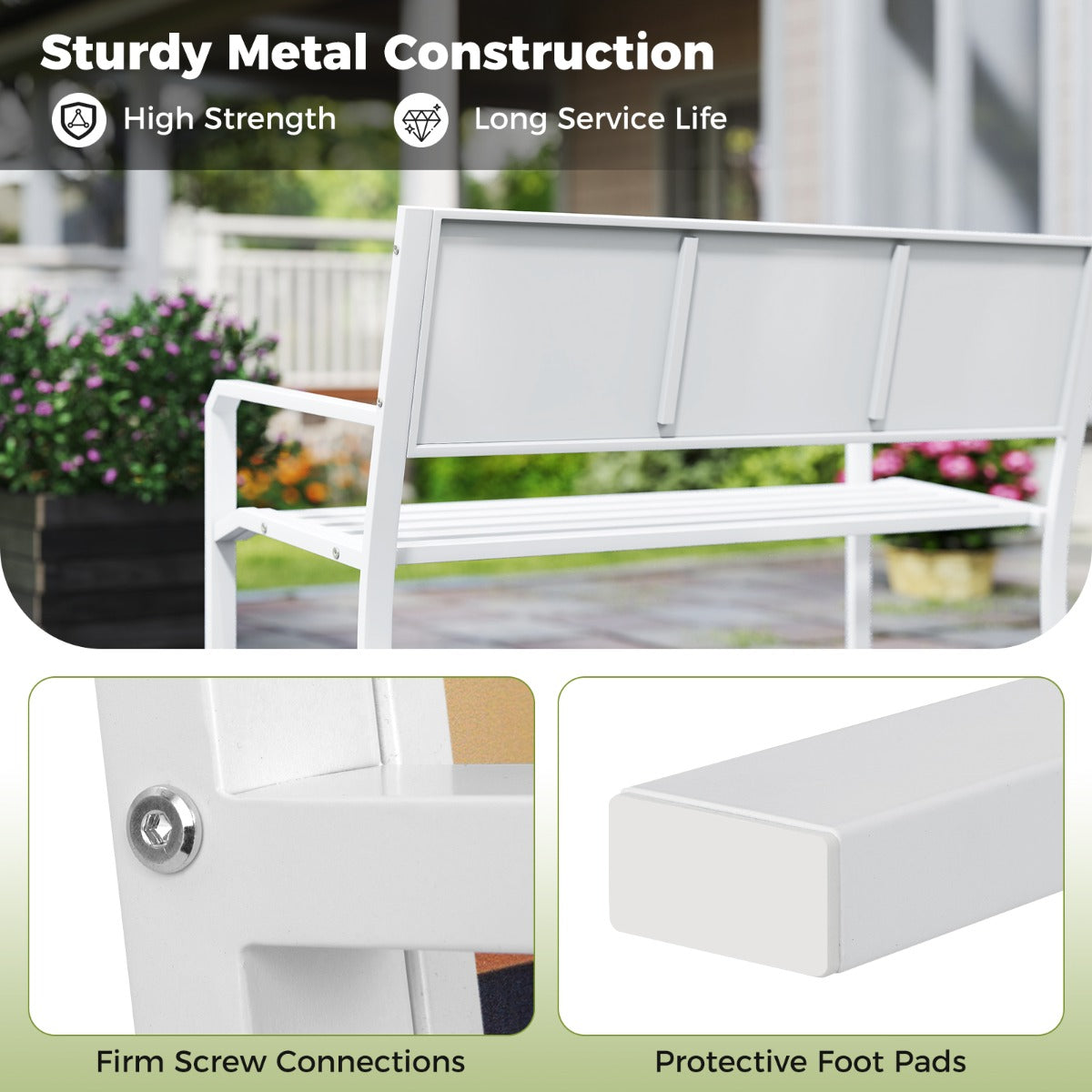 LIVSK Metalen Tuinbank - Weerbestendig en Robuust - Voor 2-3 Personen - Draagvermogen 300 kg - 128 x 53 x 81,5 cm - Wit