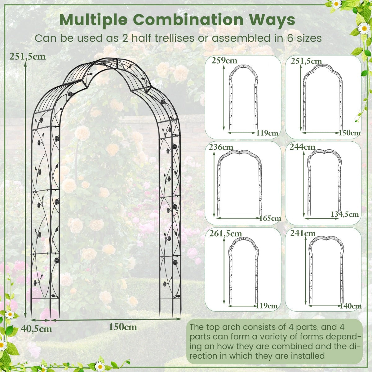 LIVSK Tuinboogtrellis - Veelzijdige Klimplantsteun en Decoratie - Robuust Metaal - Roestbestendig - 150 x 40 x 251 cm - Zwart