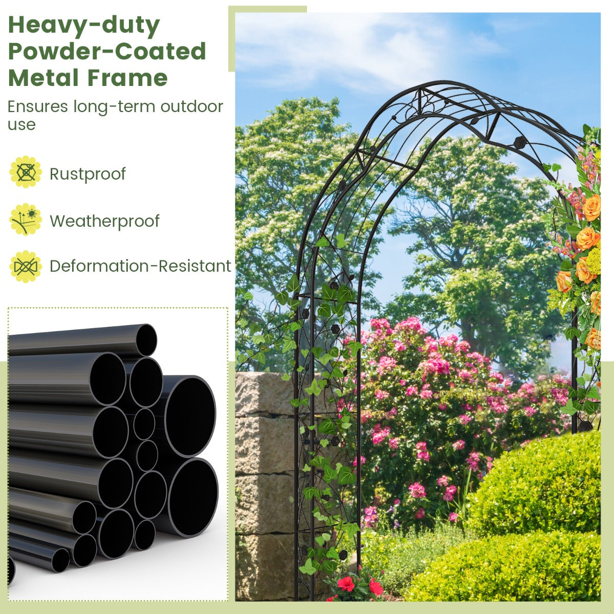 LIVSK Tuinboogtrellis voor Klimplanten - Duurzaam Gepoedercoat Metaal - Veelzijdig en Decoratief - 150 x 40 x 251 cm - Zwart