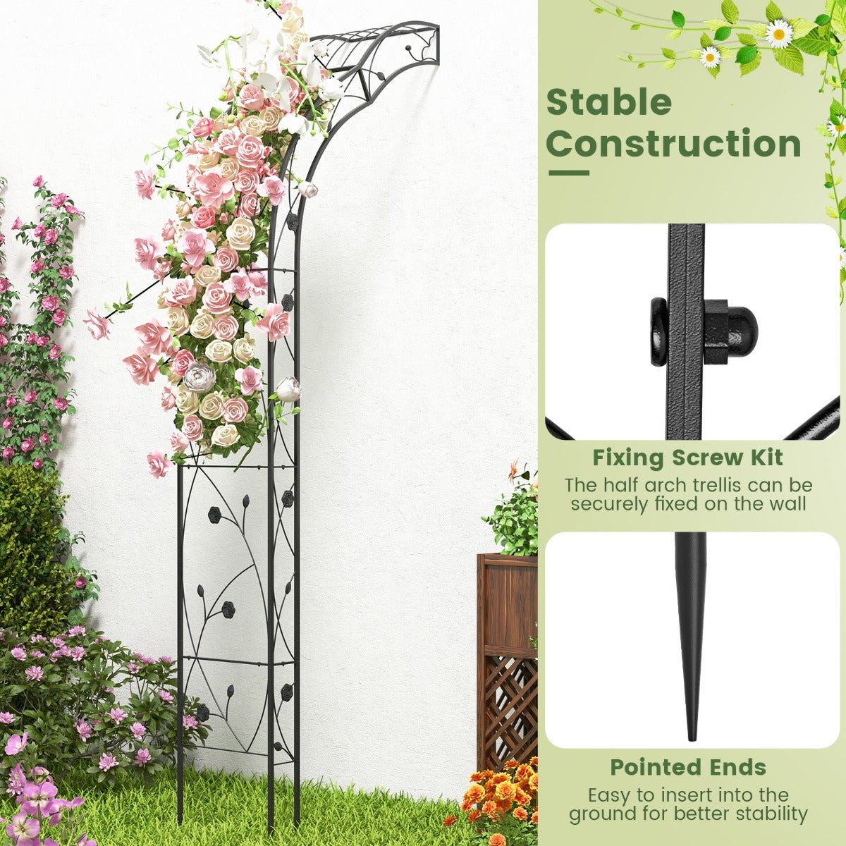 LIVSK Tuinboogtrellis - Veelzijdige Klimplantsteun en Decoratie - Robuust Metaal - Roestbestendig - 150 x 40 x 251 cm - Zwart